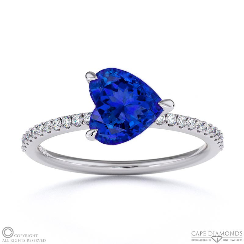 Tanzanite East West Heart Cut Sidestones Engagement Ring White Gold