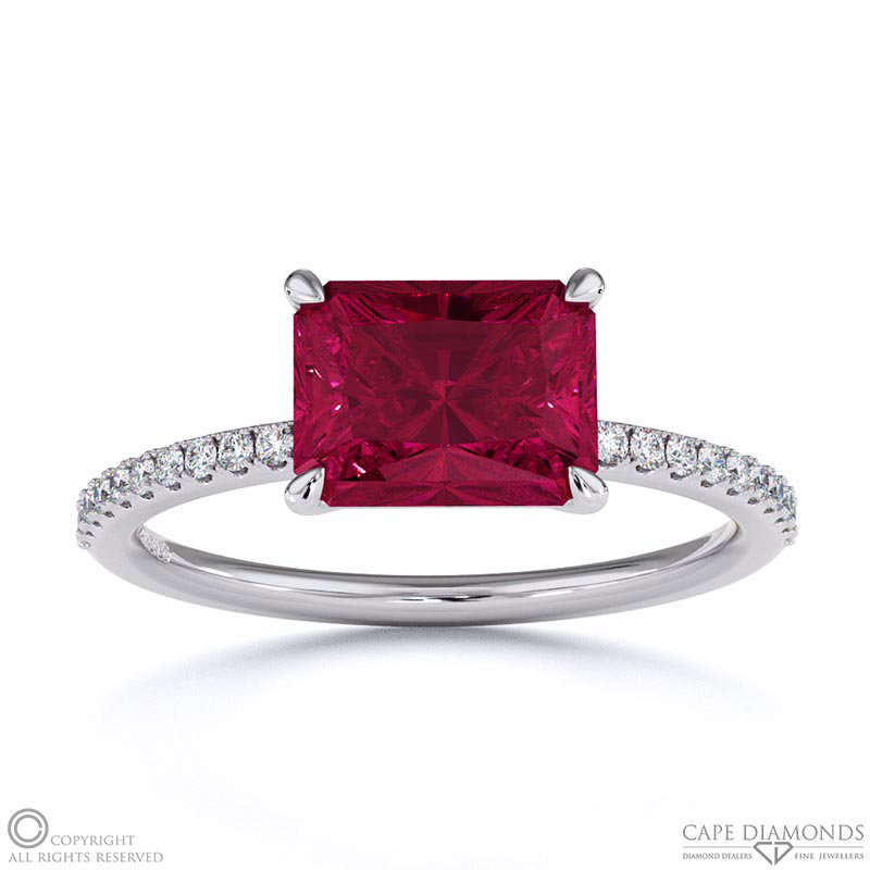 Ruby East West Radiant Cut Side Stones Engagement Ring White Gold