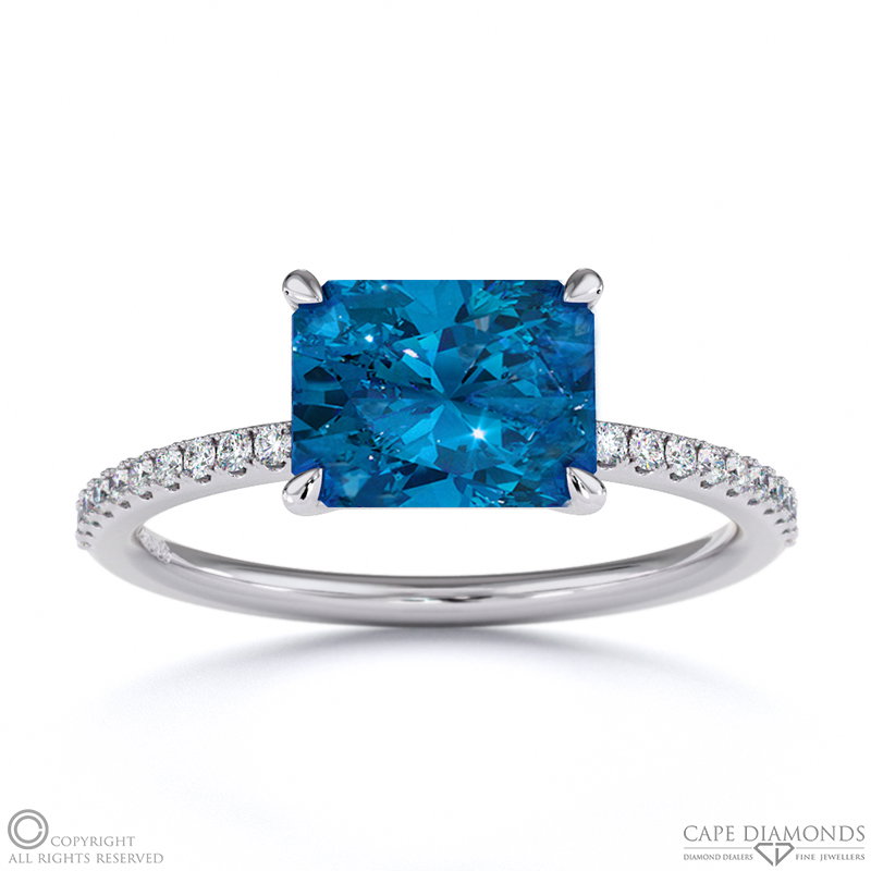 Sapphire East West Radiant Cut Side Stones Engagement Ring White Gold