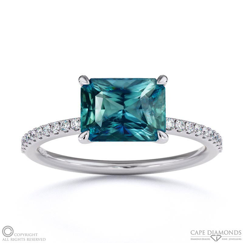 Alexandrite East West Radiant Cut Side Stones Engagement Ring White Gold