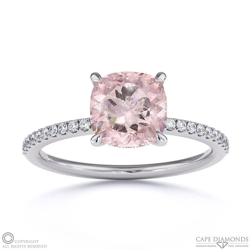 Morganite Cushion Cut Hidden Halo Side Stones Engagement Ring White Gold