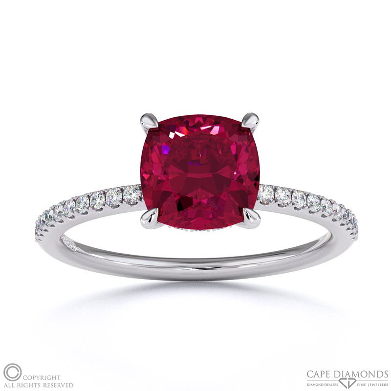 Ruby Cushion Cut Hidden Halo Side Stones Engagement Ring White Gold