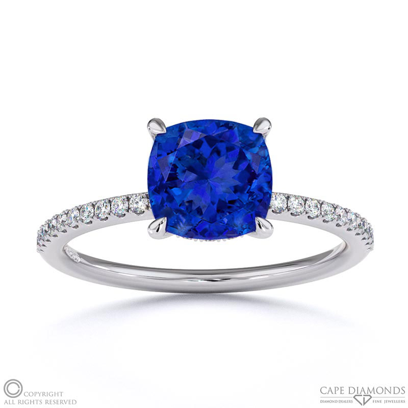 Tanzanite Cushion Cut Hidden Halo Side Stones Engagement Ring White Gold