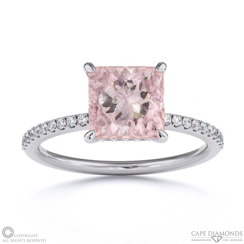 Morganite Princess Cut Hidden Halo Side Stones Engagement Ring White Gold