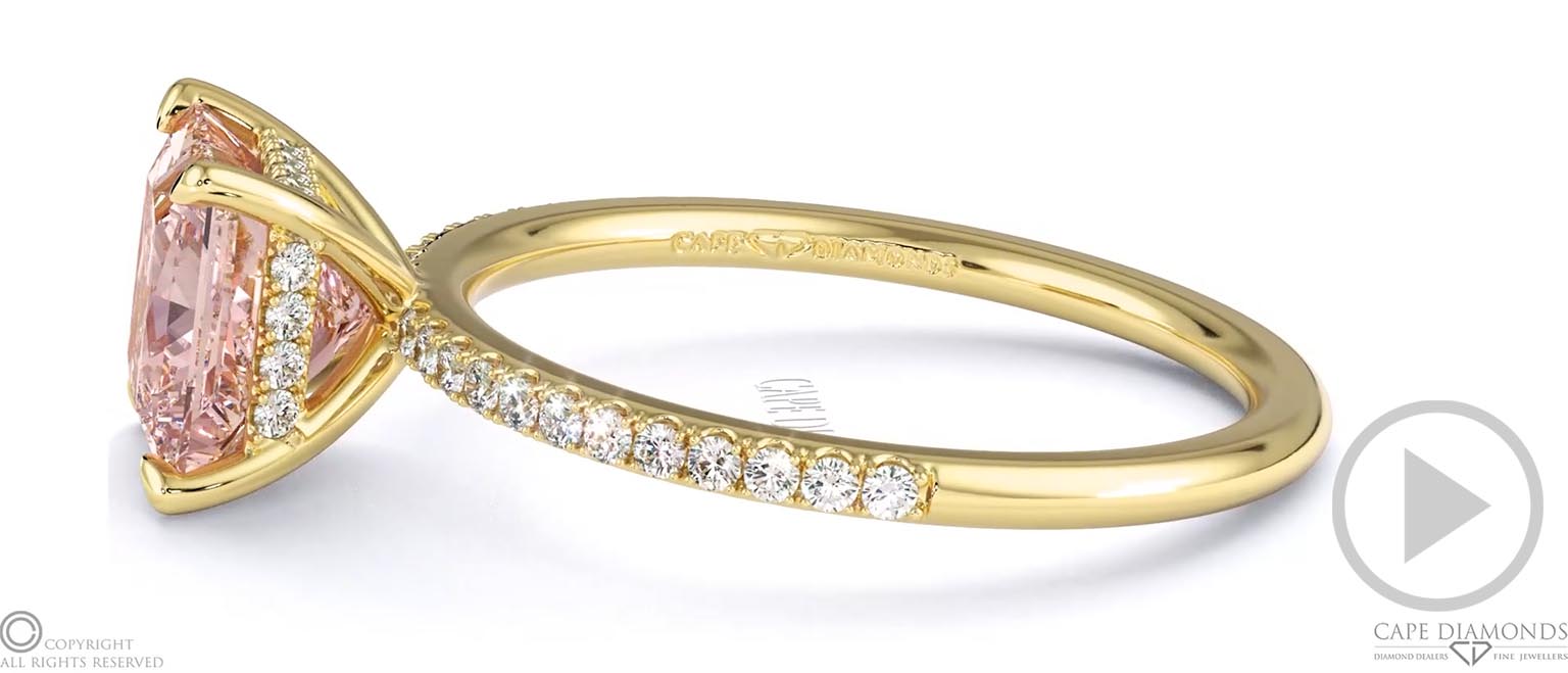 Morganite Princess Cut Hidden Halo Side Stones Engagement Ring Yellow Gold top video