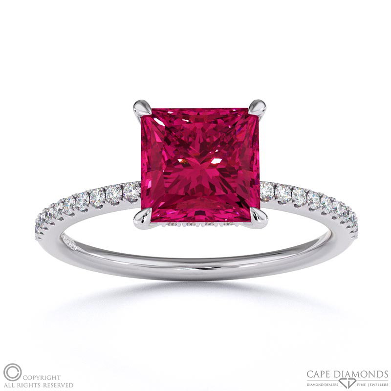 Ruby Princess Cut Hidden Halo Side Stones Engagement Ring White Gold