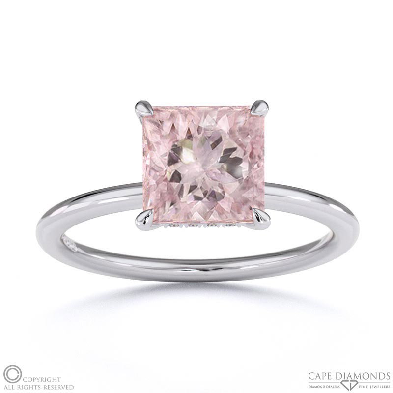 Morganite Princess Cut Hidden Halo Engagement Ring White Gold