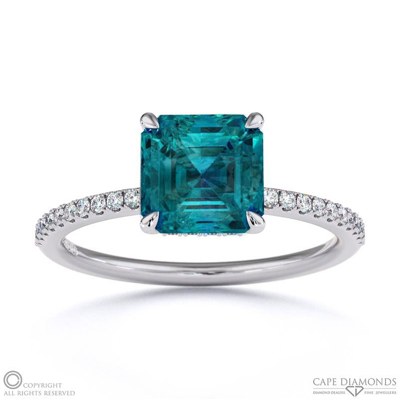 Alexandrite Asscher Cut Hidden Halo Sidestones Engagement Ring White Gold