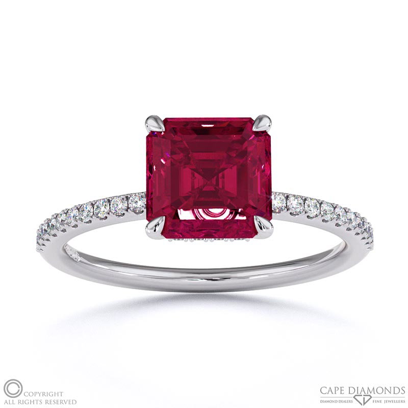 Ruby Asscher Cut Hidden Halo Sidestones Engagement Ring White Gold