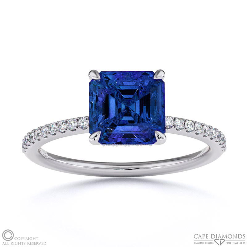 Tanzanite Asscher Cut Hidden Halo Sidestones Engagement Ring White Gold
