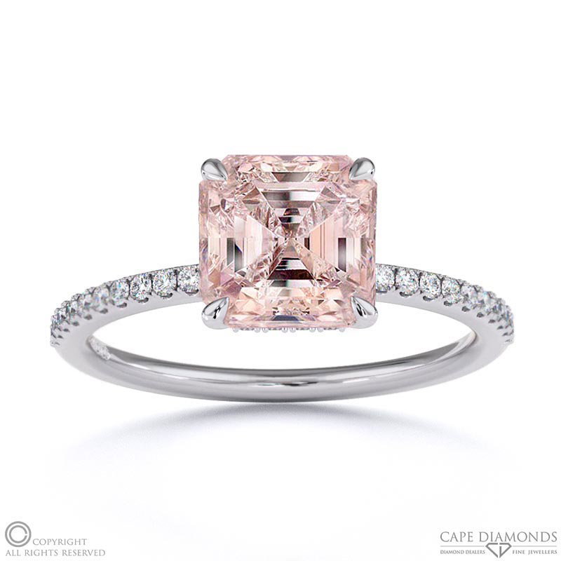 Morganite Asscher Cut Hidden Halo Sidestones Engagement Ring White Gold