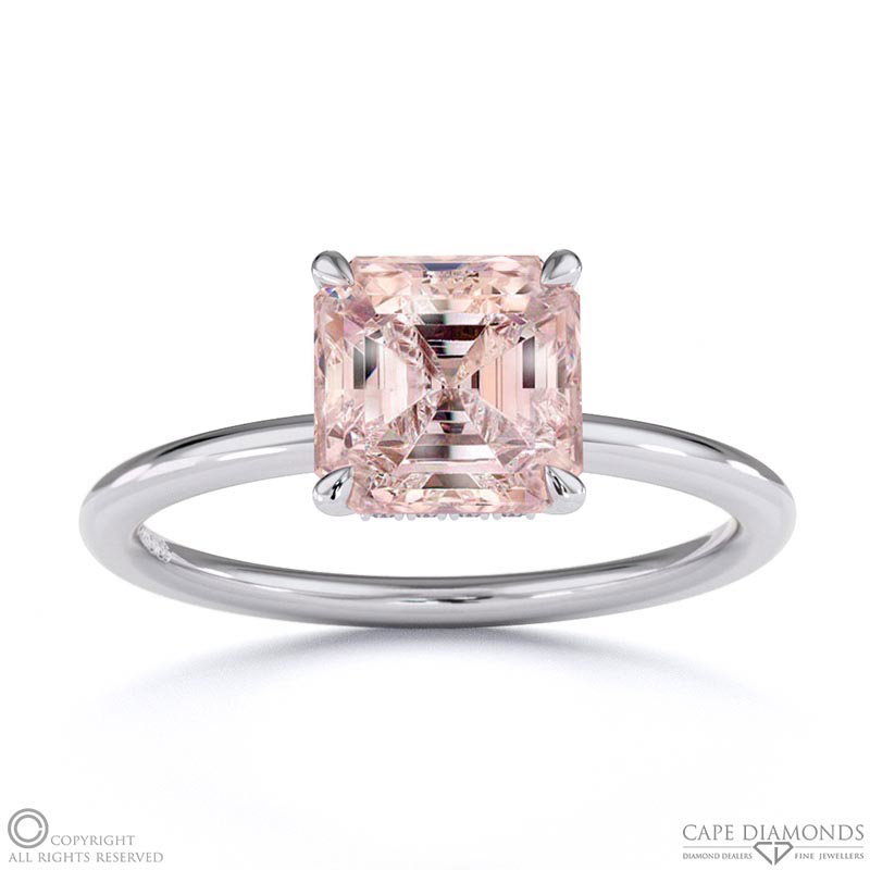 Morganite Asscher Cut Hidden Halo Engagement Ring White Gold