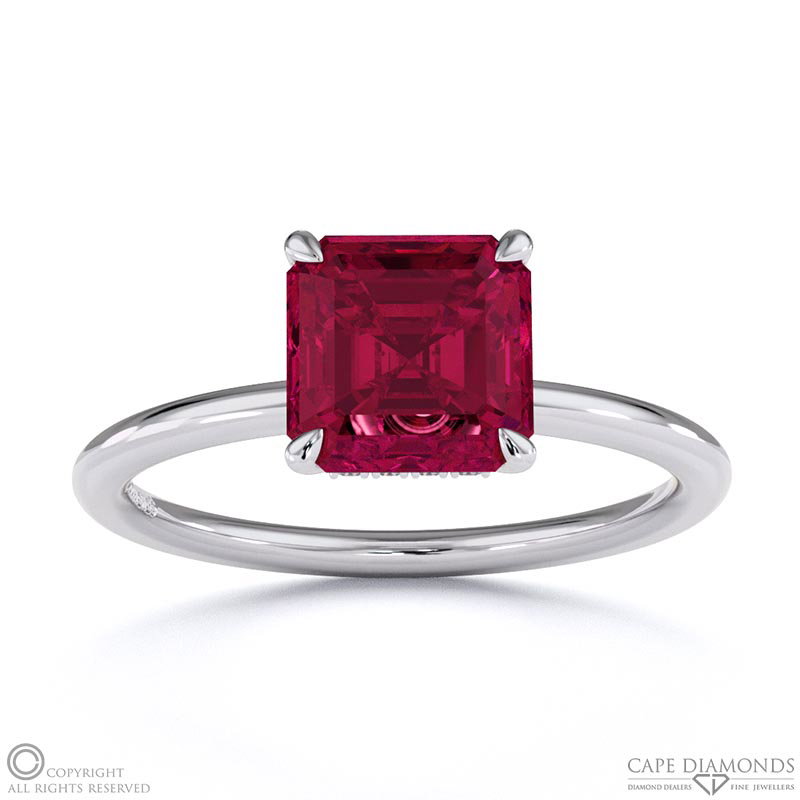 Ruby Asscher Cut Hidden Halo Engagement Ring White Gold