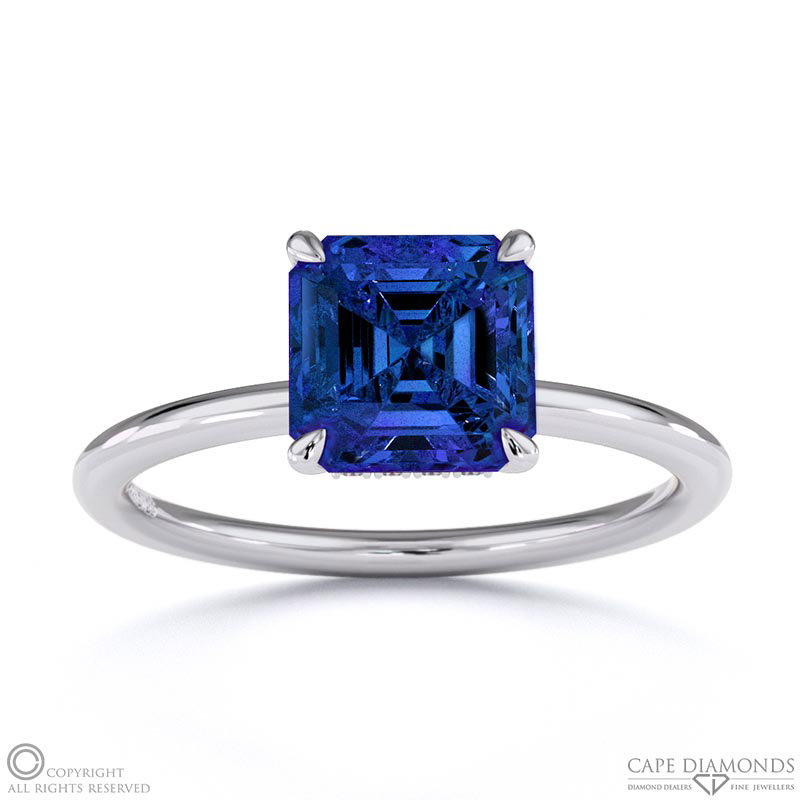 Tanzanite Asscher Cut Hidden Halo Engagement Ring White Gold