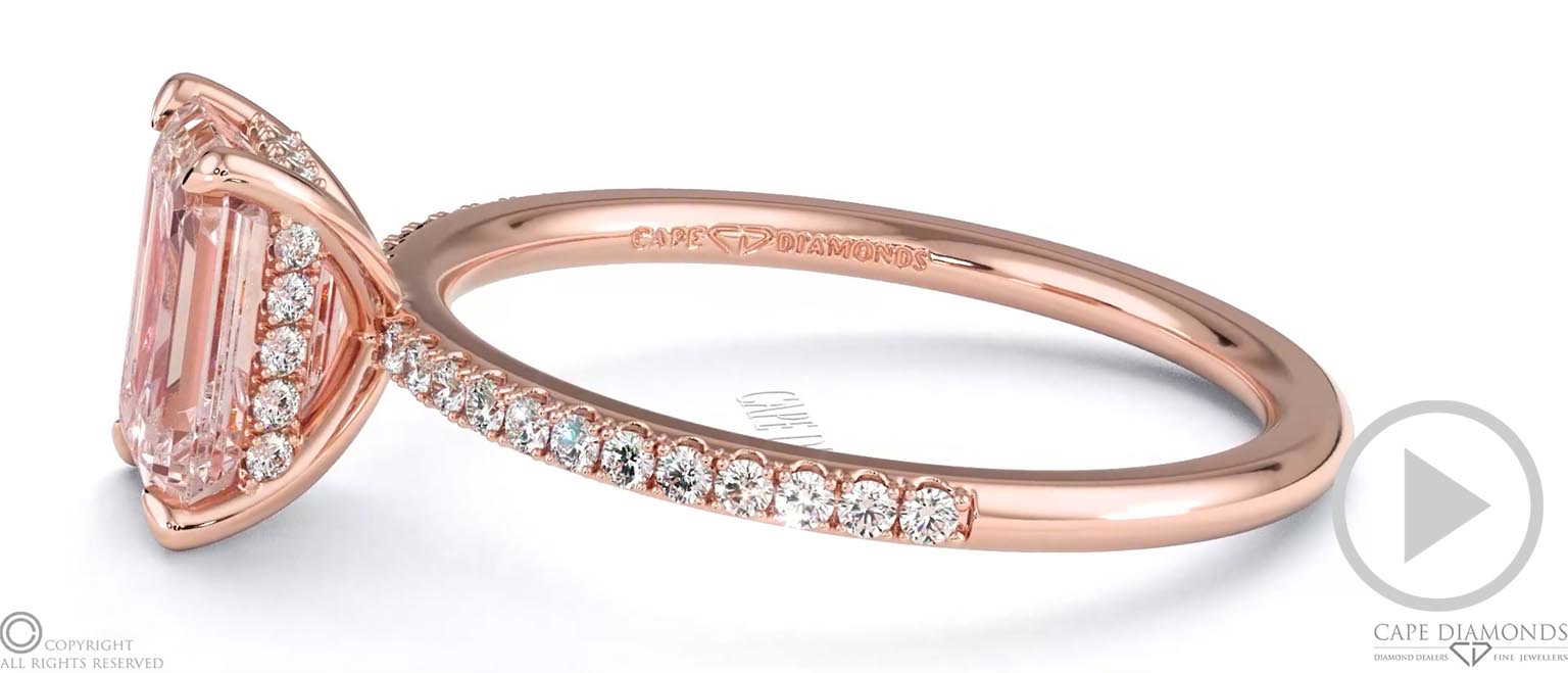 Pink Natural Diamond Emerald Cut Hidden Halo Side Stones Engagement Ring Rose Gold top video