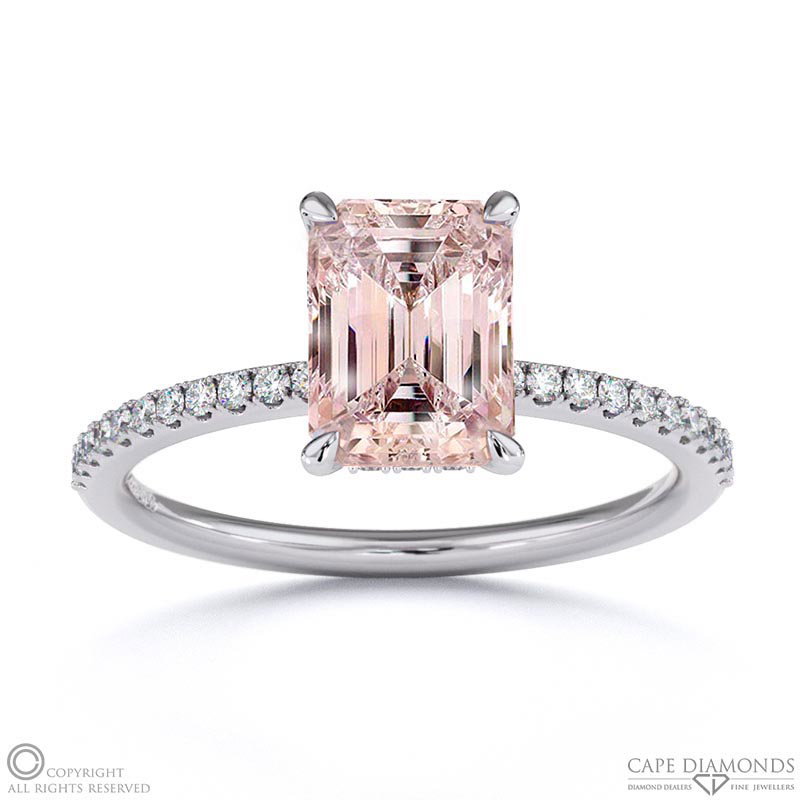 Morganite Emerald Cut Hidden Halo Side Stones Engagement Ring White Gold