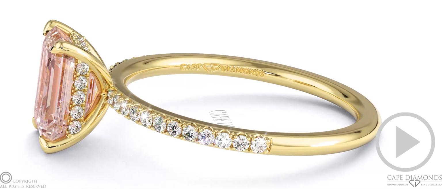 Pink Natural Diamond Hidden Halo Emerald Side Stone Engagement Ring Yellow Gold top video