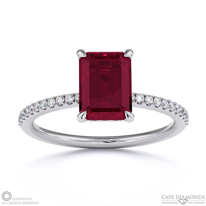 Ruby Emerald Cut Hidden Halo Side Stones Engagement Ring White Gold