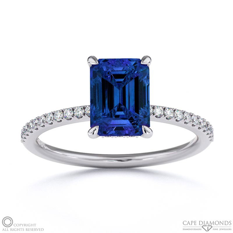 Tanzanite Emerald Cut Hidden Halo Side Stones Engagement Ring White Gold