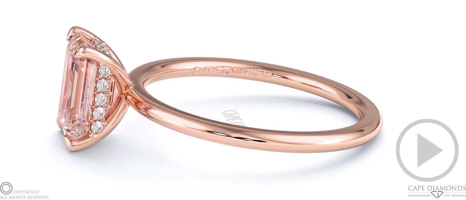 Morganite Emerald Cut Hidden Halo Engagement Ring Rose Gold top video