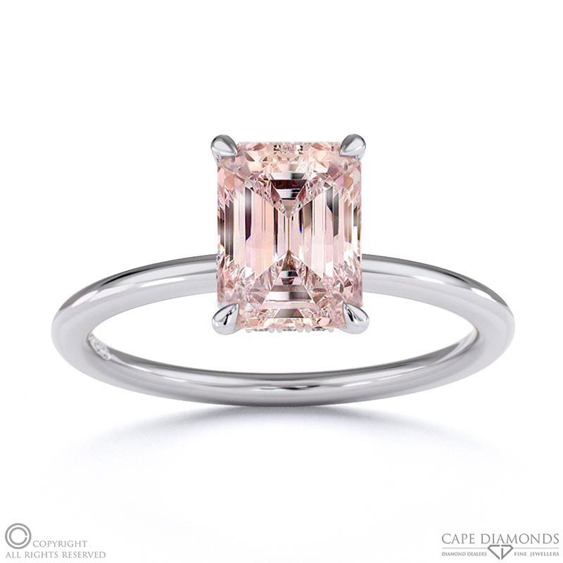 Morganite Emerald Hidden Halo Solitare Engagement Ring White Gold