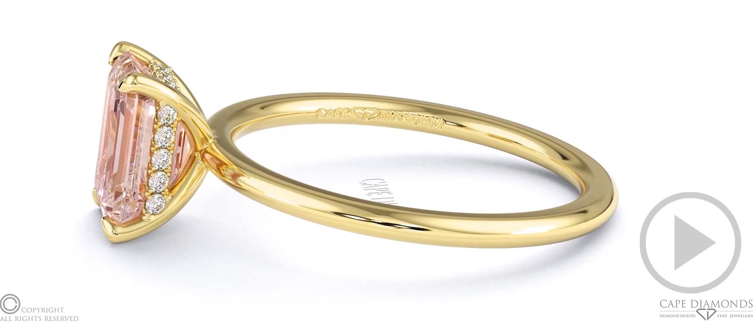 Morganite Emerald Cut Hidden Halo Engagement Ring Yellow Gold top video