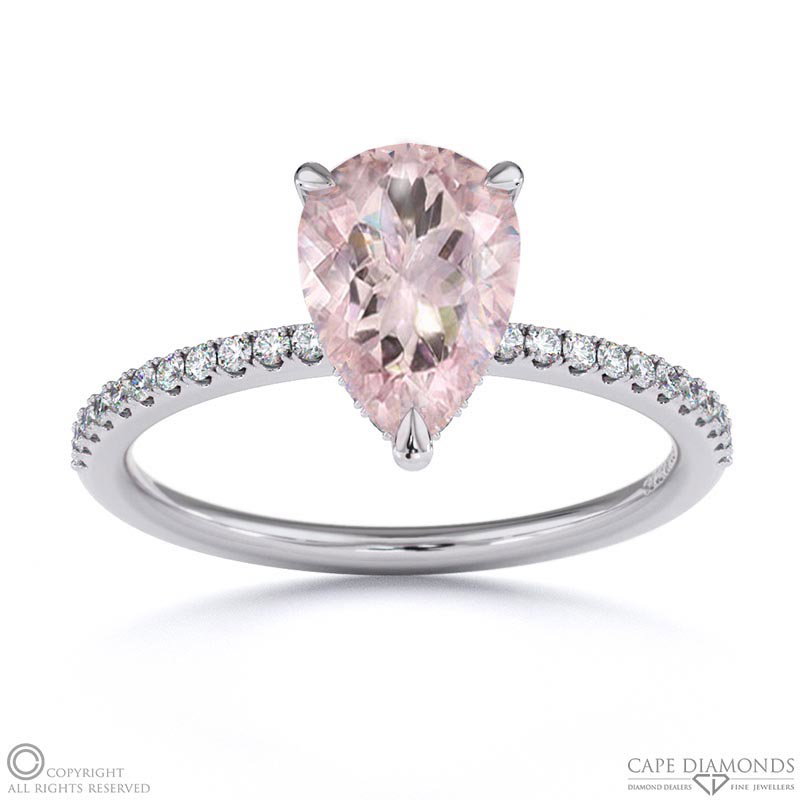 Morganite Pear Cut Hidden Halo Side Stones Engagement Ring White Gold