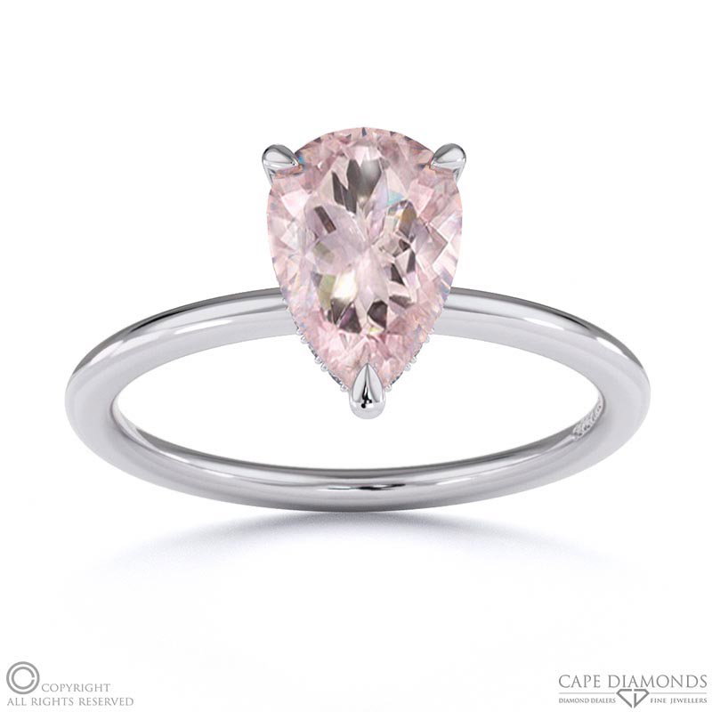 Morganite Pear Cut Hidden Halo Engagement Ring White Gold