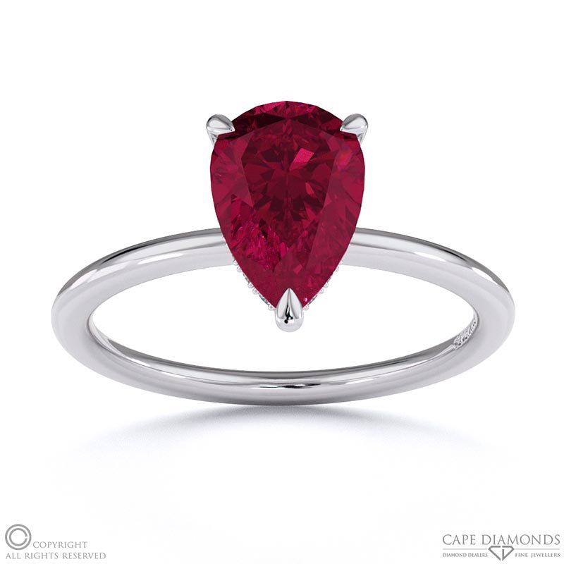 Ruby Pear Cut Hidden Halo Engagement Ring White Gold