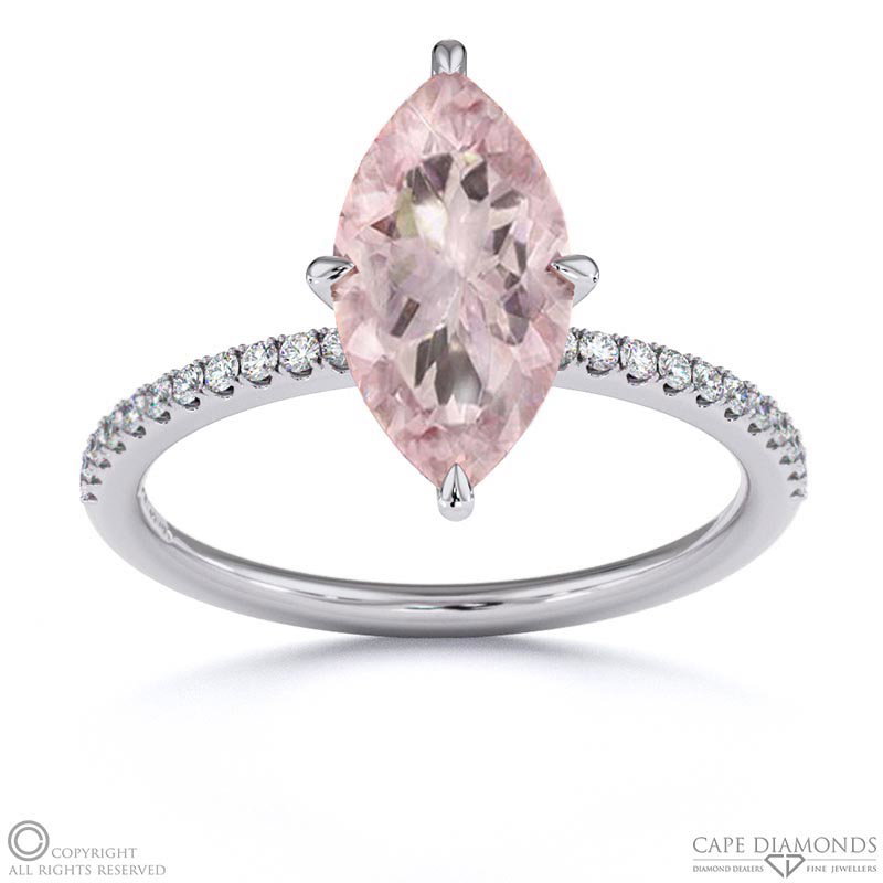 Morganite Marquise Cut Hidden Halo Side Stones Engagement Ring White Gold