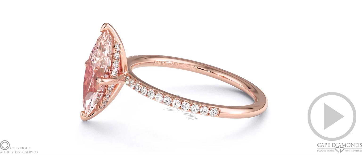 Pink Natural Diamond Marquise Cut Hidden Halo Side Stones Engagement Ring Rose Gold top video