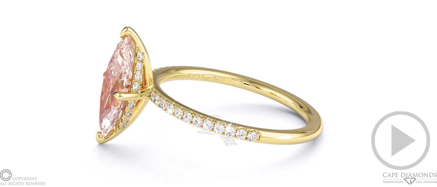 Pink Natural Diamond Hidden Halo Marquise Side Stone Engagement Ring Yellow Gold top video