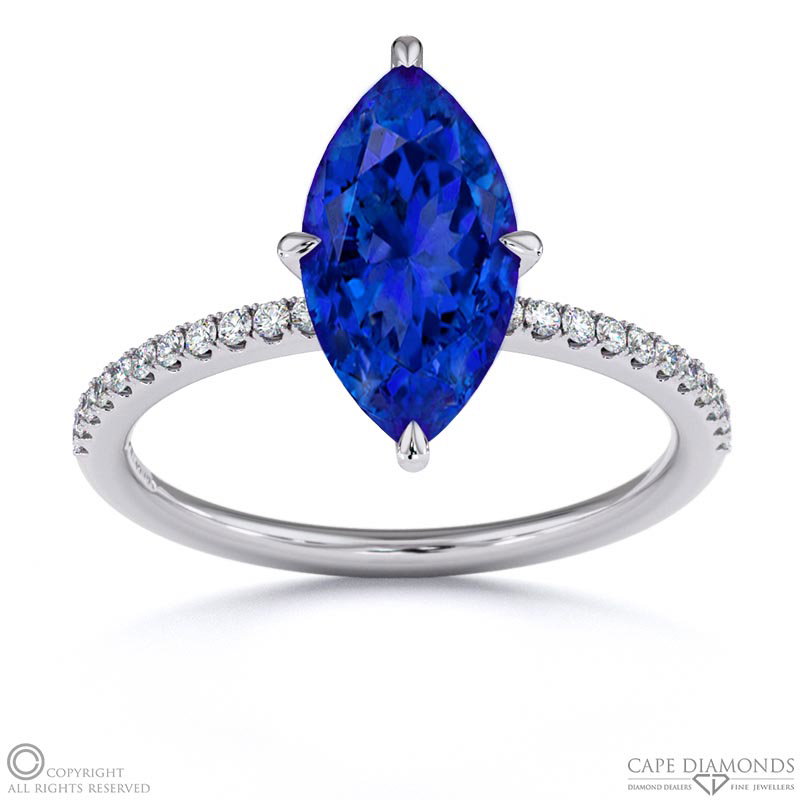 Tanzanite Marquise Cut Hidden Halo Side Stones Engagement Ring White Gold