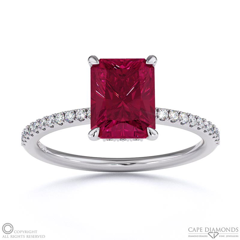Ruby Radiant Cut Hidden Halo Side Stones Engagement Ring White Gold
