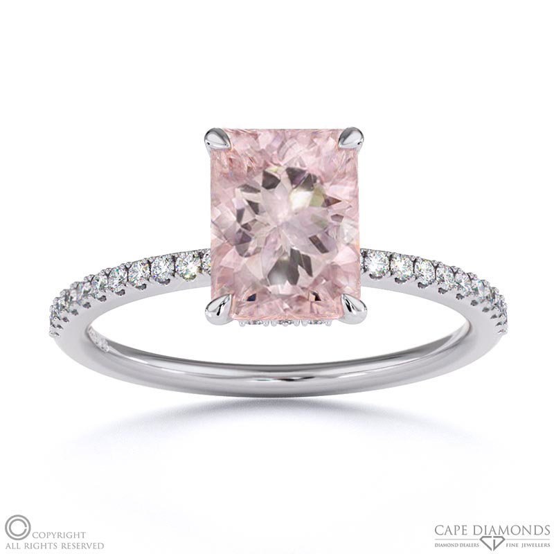 Morganite Radiant Cut Hidden Halo Side Stones Engagement Ring White Gold