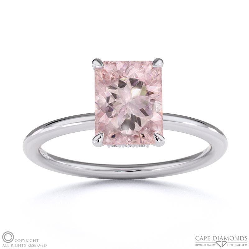 Morganite Radiant Cut Hidden Halo Engagement Ring White Gold