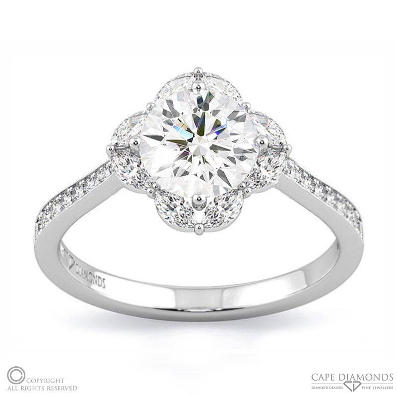 Halo Lab Grown Diamond Engagement Ring White Gold With 8 Marquise Small Diamonds