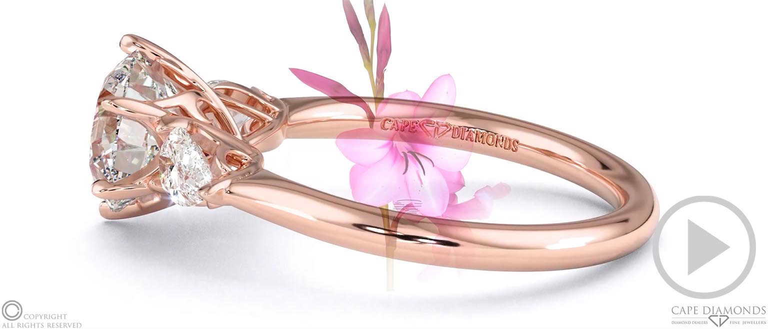 Diamond Watsonia Round Pear Trilogy Engagement Ring Rose Gold top video