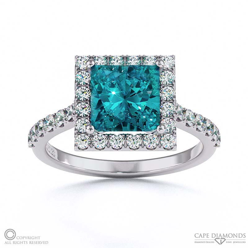 Alexandrite Halo Princess Shaped Side Stone Engaement Ring White Gold