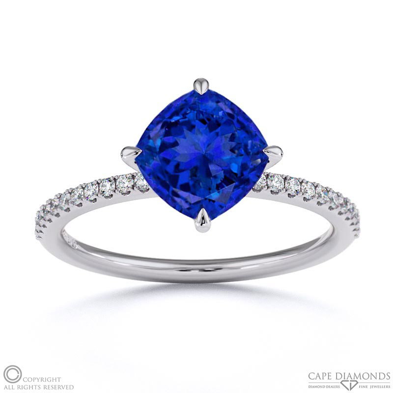 Tanzanite Cushion East To West Cut Pave  Engagement Ring White Gold