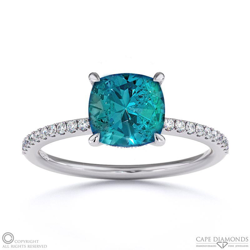 Alexandrite Cushion Cut Hidden Halo Side Stones Engagement Ring White Gold