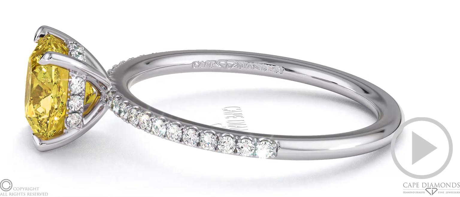 Yellow Natural Diamond Cushion Cut Hidden Halo Side Stones Engagement Ring White Gold top video