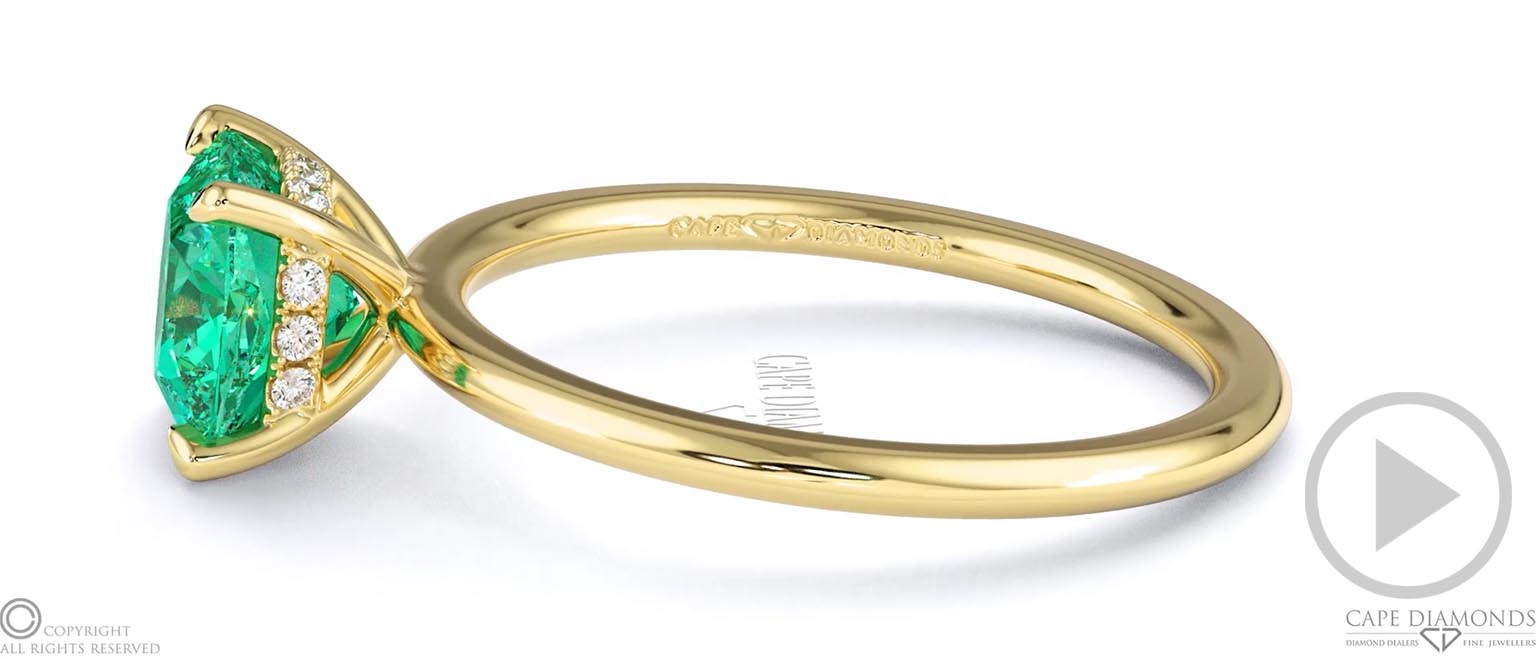 Emerald Cushion Cut Hidden Halo Engagement Ring Yellow Gold top video