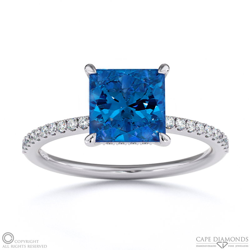 Sapphire Princess Cut Hidden Halo Side Stones Engagement Ring White Gold