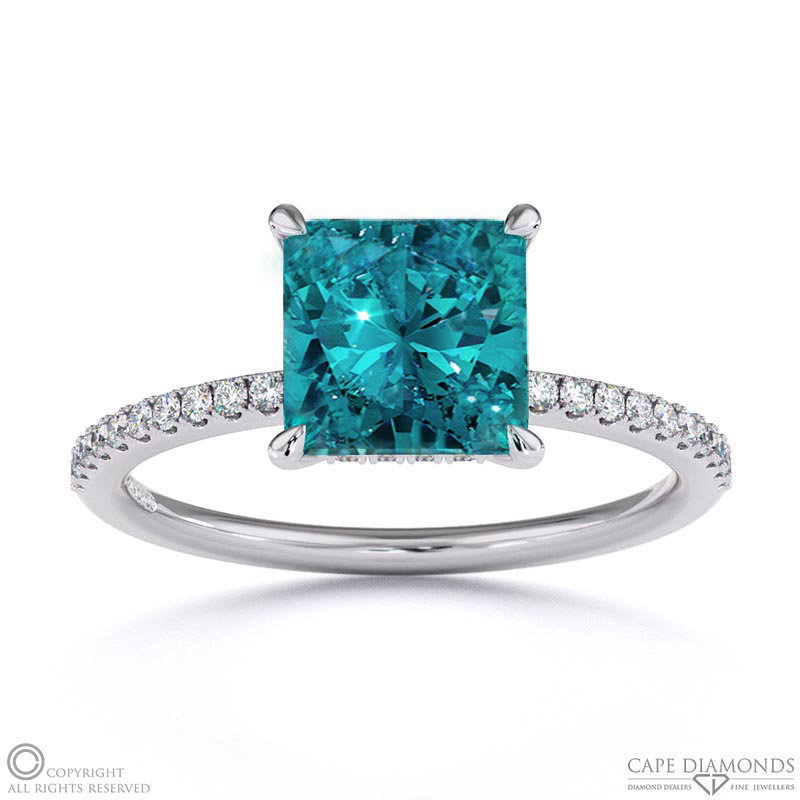 Alexandrite Princess Cut Hidden Halo Side Stones Engagement Ring White Gold