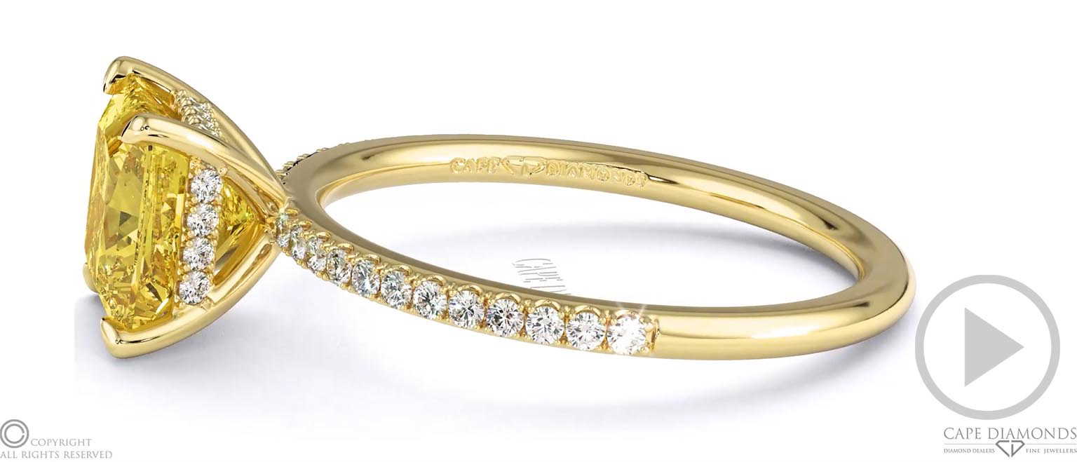 Yellow Lab Grown Diamond Hidden Halo Princess Side Stone Engagement Ring Yellow Gold top video