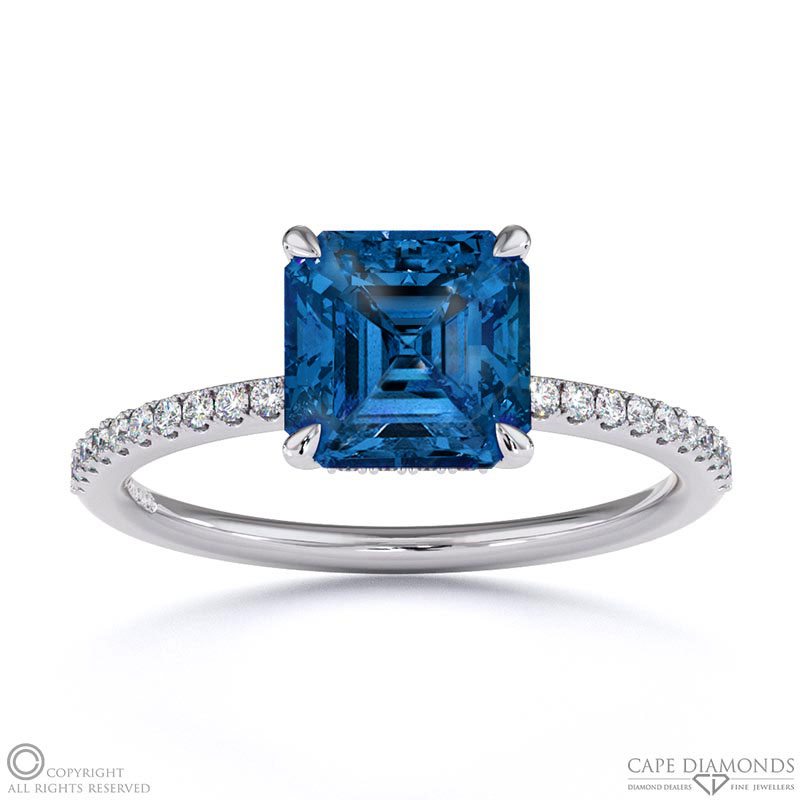 Sapphire Asscher Cut Hidden Halo Sidestones Engagement Ring White Gold