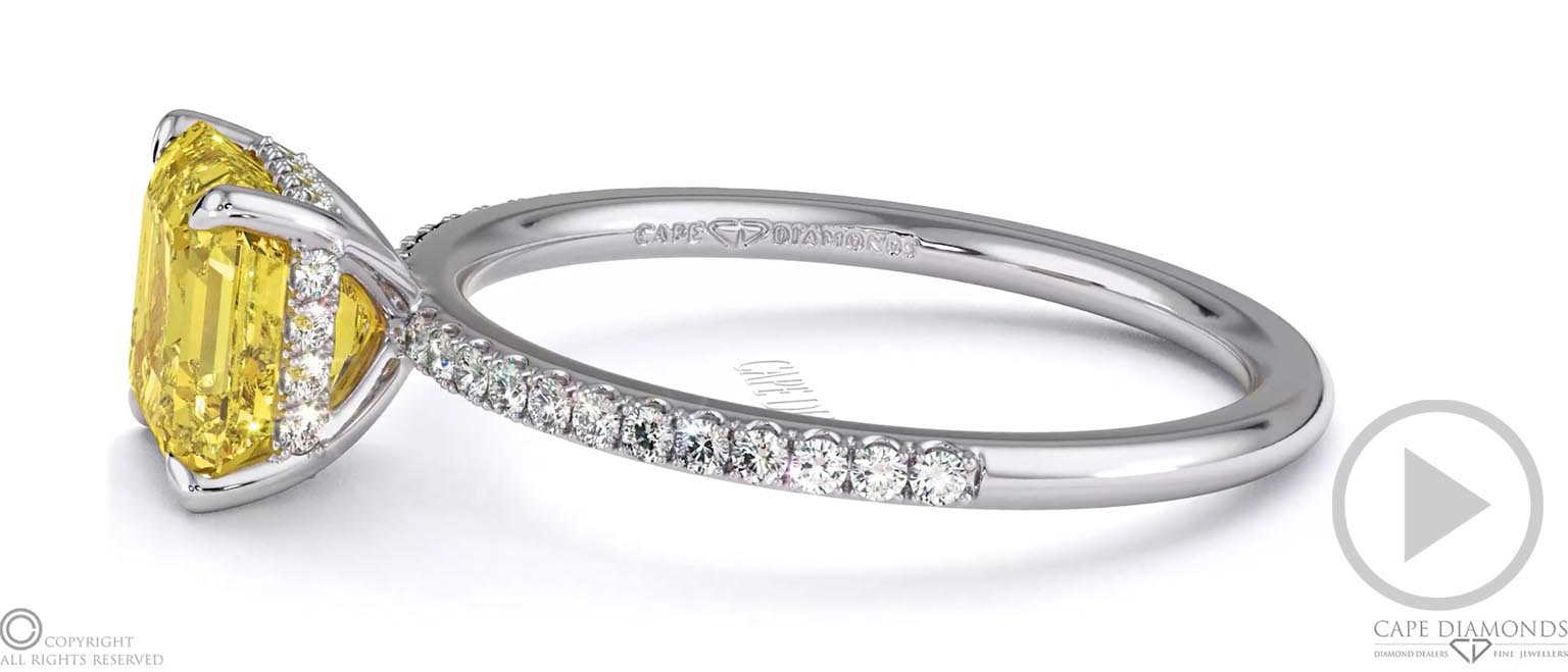 Yellow Natural Diamond Hidden Halo Asscher Side Stone Engagement Ring White Gold top video