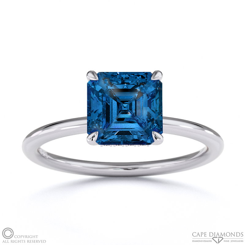 Sapphire Asscher Cut Hidden Halo Engagement Ring White Gold