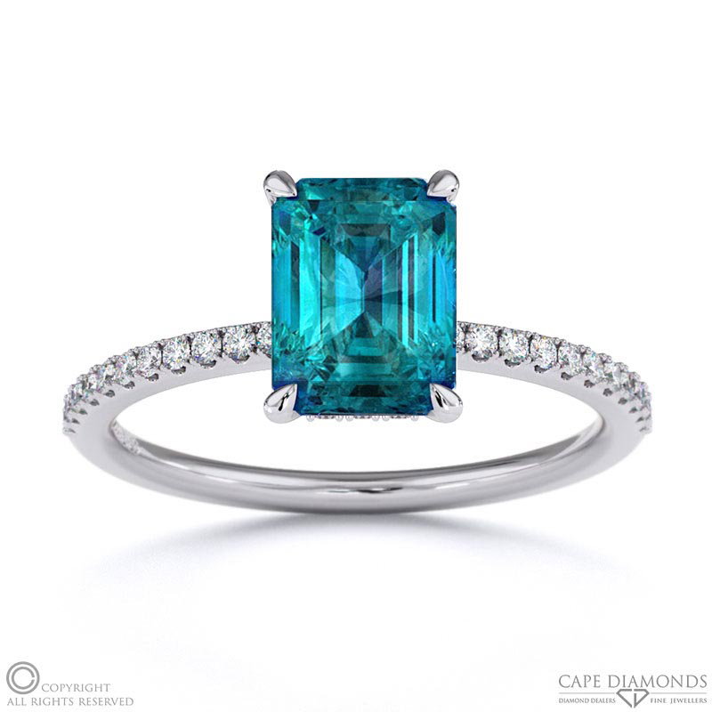 Alexandrite Emerald Cut Hidden Halo Side Stones Engagement Ring White Gold